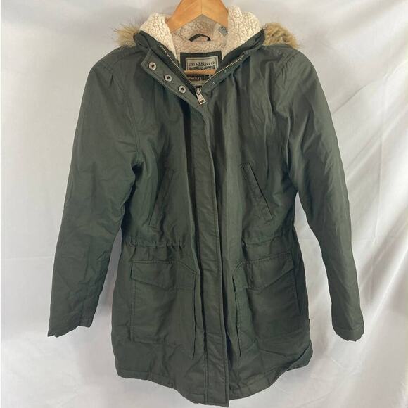 Levis Hooded faux fur trim fishtale parka jacket size medium - Picture 2 of 9